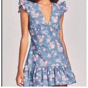 NWT LoveShackFancy Arthur‎ Blue Floral Mini Dress Flutter Sleeve Ruffled Size 6